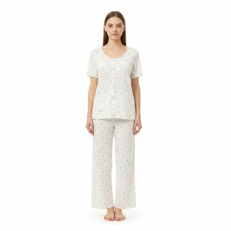JOANNA 2-Piece Pajama Set Short Sleeve Button-Front Top and Pants Soft Printed Sleepwear for Women - Image 1