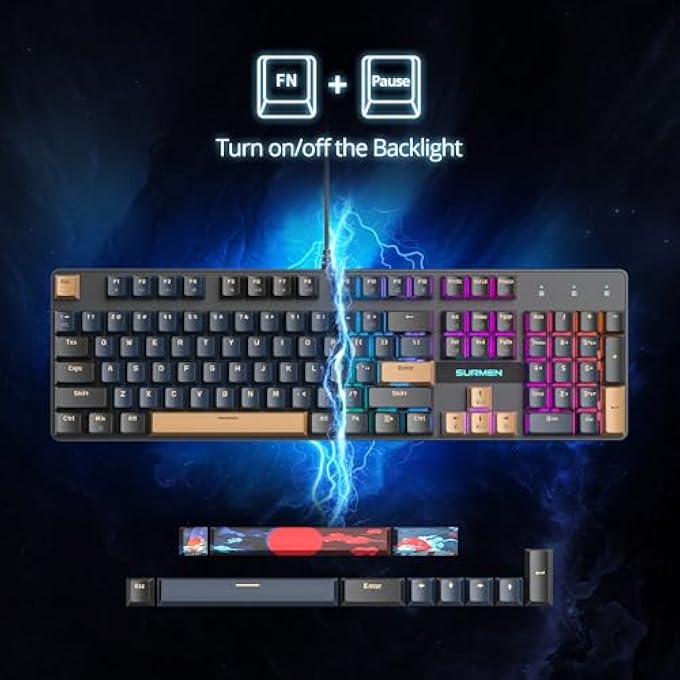 surmen FULL SIZE CREAMY KEYBOARD WITH NUMBER PAD, 104 KEYS RGB WIRED MECHANICAL GAMING KEYBOARD BACKLIT WITH PBT KEYCAPS LINEAR RED SWITCH FOR LAPTOP DESKTOP PC GAMERSÏ¼ˆ104 BLUE SAMURAIÏ¼‰ - Image 2