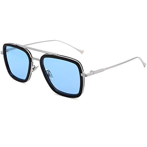 NULOOQ Tony Stark Polarized Sunglasses for Men – Women Vintage Aviator Square Metal Frame Iron Man Edith Glasses (Silver/Blue) - Image 1