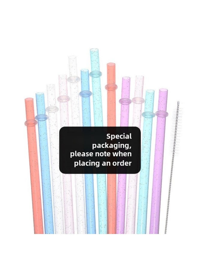 Spot Cross-border Thick Hard Straw Silver Powder Color With Ring Straw Reusable Double Cup Straw With Brush-Color:Packing As Required-Specifications:Silver Powder Belt Ring 23cm  - Image 1