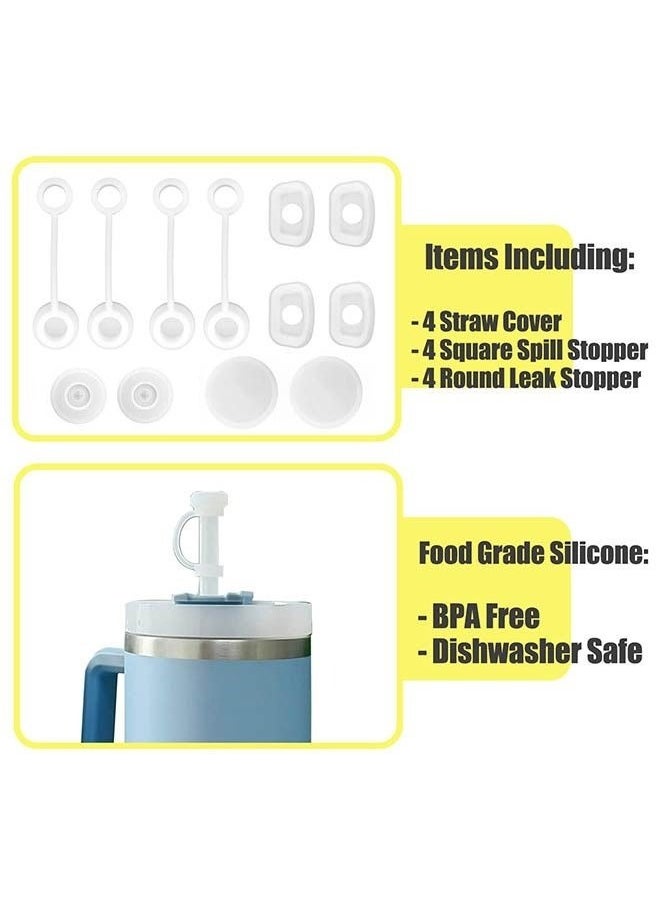 fantasize - 12 PCS Silicone Spill Proof Stopper Set for Cup 1.0 and Cup 2.0 40oz or 30oz, Reusable Straw Cover Including 4 Square Spill Stopper, 4 Round Leak Stopper and 4 Straw Cover Cap White - Image 1