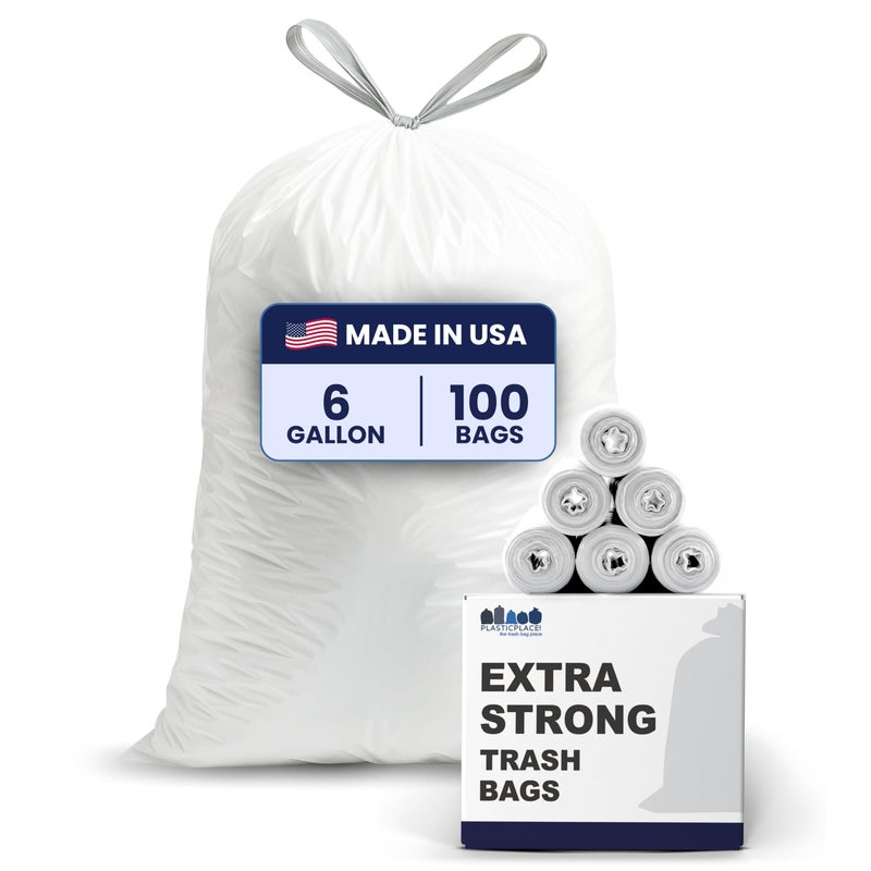 Plasticplace 6 Gallon Trash Bags 07 Mil White Drawstring Garbage Can Liners 17 x 20 100 Count