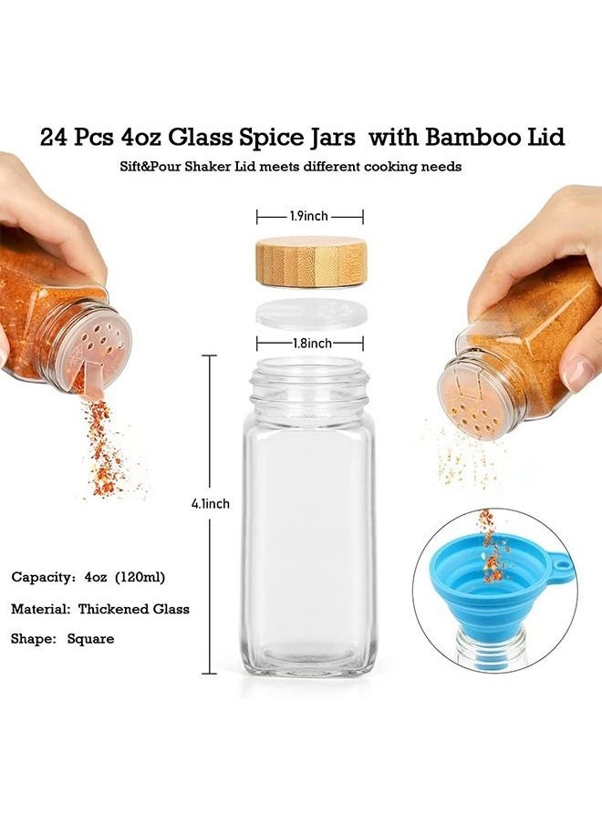Beauenty - 24 Pcs Spice Jars with Labels - 4 oz Glass Spice Jars with Bamboo Lids, 48 Labels Labels Stickers, Collapsible Funnel, Seasoning Storage Bottles for Spice Rack, Cabinet, Drawer - Image 1