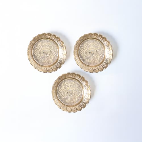 Shubhkart Solid Brass Decorative Nakshi Plate Set for Puja Decoration Diwali Gifting Small 7 cm Pack of 3 Solid Brass - Image 1