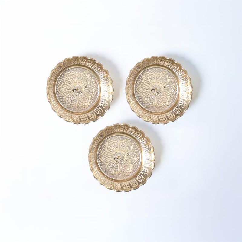 Shubhkart Solid Brass Decorative Nakshi Plate Set for Puja Decoration Diwali Gifting Small 7 cm Pack of 3 Solid Brass - Image 2