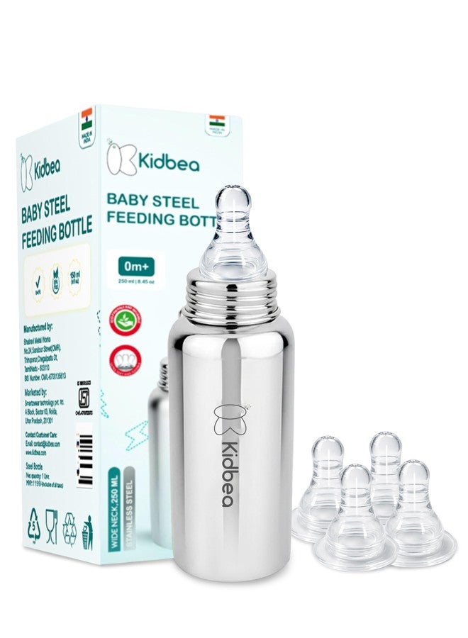 Kidbea Steel Feeding Bottle 250ml for Newborns with Extra 4 Silicon Nipples | BPA Free, Food Grade, Leakproof | Safe & Durable Baby Milk Feeder - Image 1