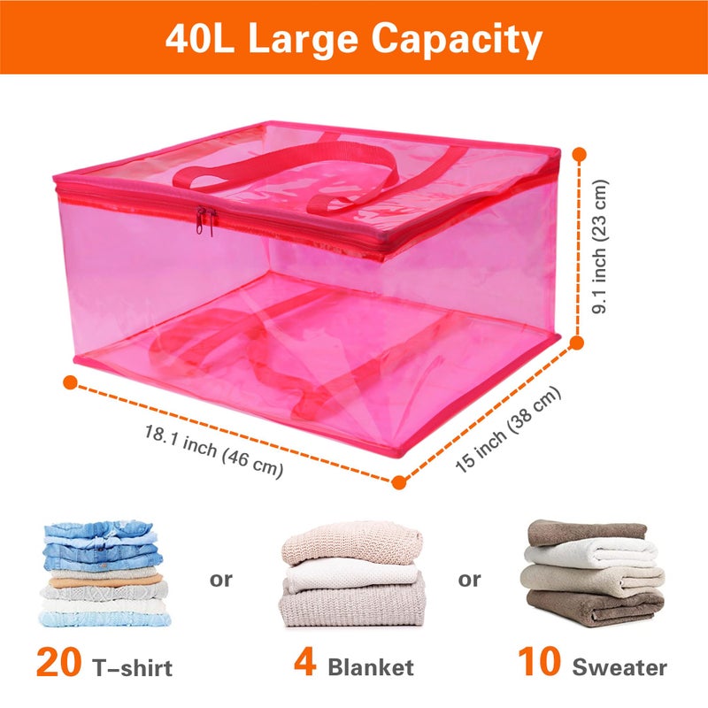 Vieshful Pink 40L Clear Clothes Storage Bag with Zipper 3 Pack Colorful Clothes Organizer Vinyl Storage Bag for Comforter, Blanket, Bedding, Duvet, Transparent Moving Totes - Image 2