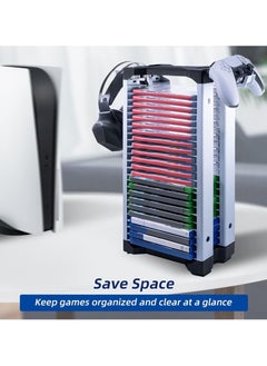 Game Storage Tower, Multifunction Video Game Shelf, Universal Video Game Storage, for 24 game Disk, 2 Headsets Controllers Holder, Games Gamer Gift