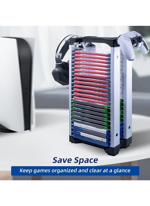 Game Storage Tower, Multifunction Video Game Shelf, Universal Video Game Storage, for 24 game Disk, 2 Headsets Controllers Holder, Games Gamer Gift