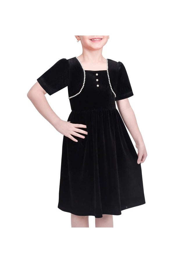 Sunny Fashion Girls Dress Black Velvet Short Sleeve Pearl Vintage Party Casual Holiday Size 7  - Image 1