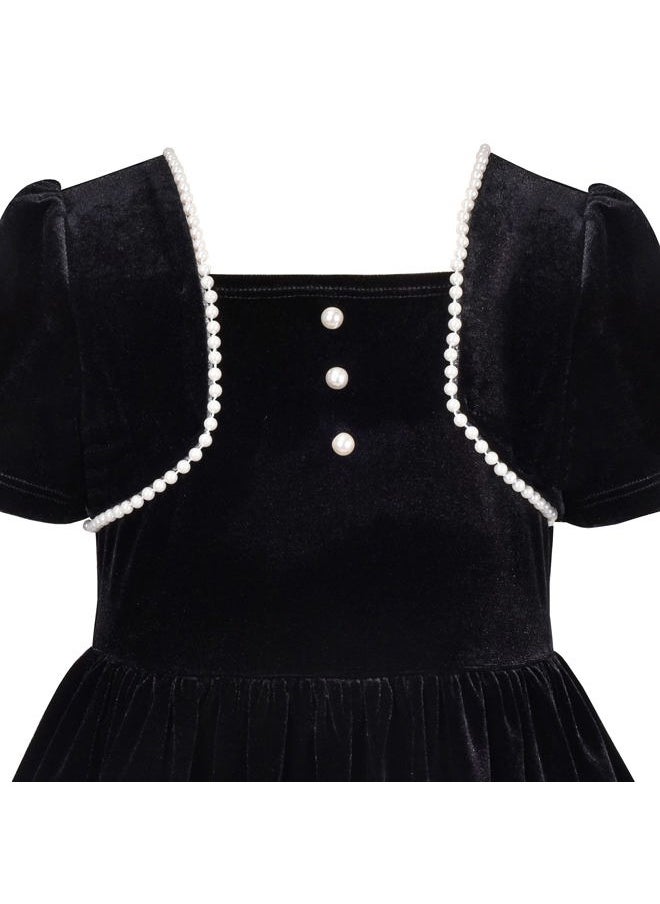Sunny Fashion Girls Dress Black Velvet Short Sleeve Pearl Vintage Party Casual Holiday Size 7  - Image 5