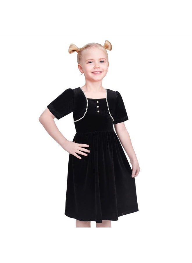 Sunny Fashion Girls Dress Black Velvet Short Sleeve Pearl Vintage Party Casual Holiday Size 7  - Image 2