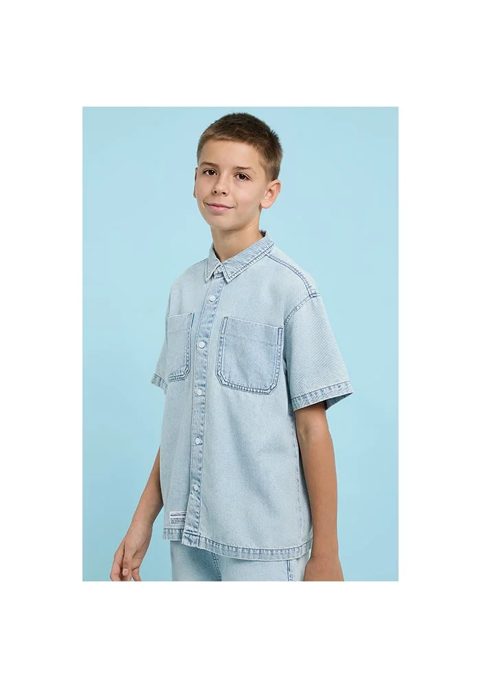 R&b Washed Shirt with Classic Collar and Short Sleeves