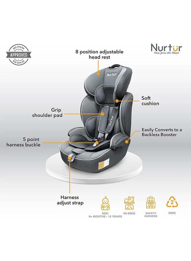 نورتر All-in-one Ragnar Convertible Car Seat, ultra-slim design with Rear-Facing, Forward-Facing, and Belt-Positioning Booster (Group 1/2/3), Upto 36kg - Grey Multi