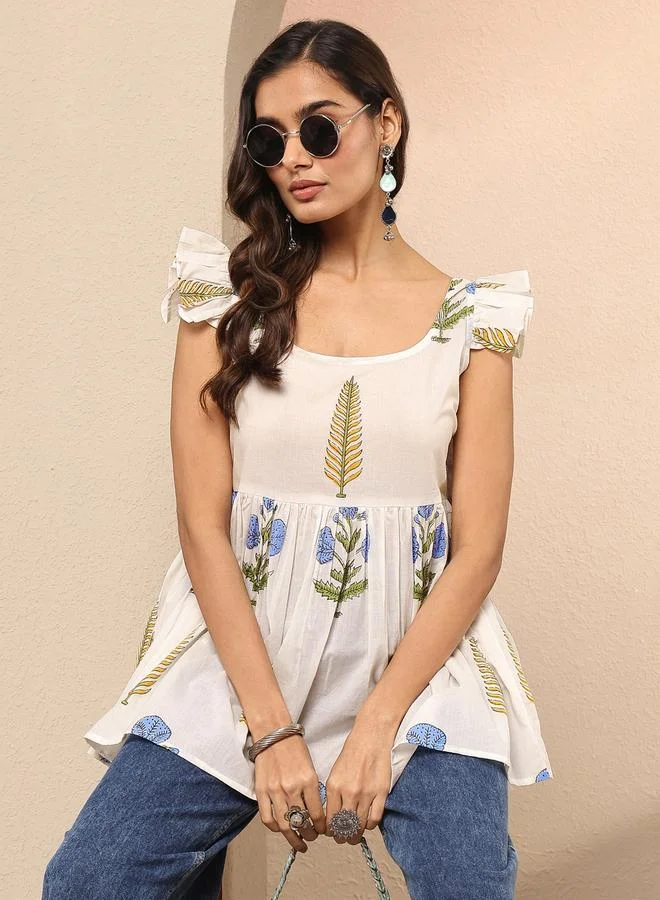 Libas White Printed Cotton A-Line Kurti