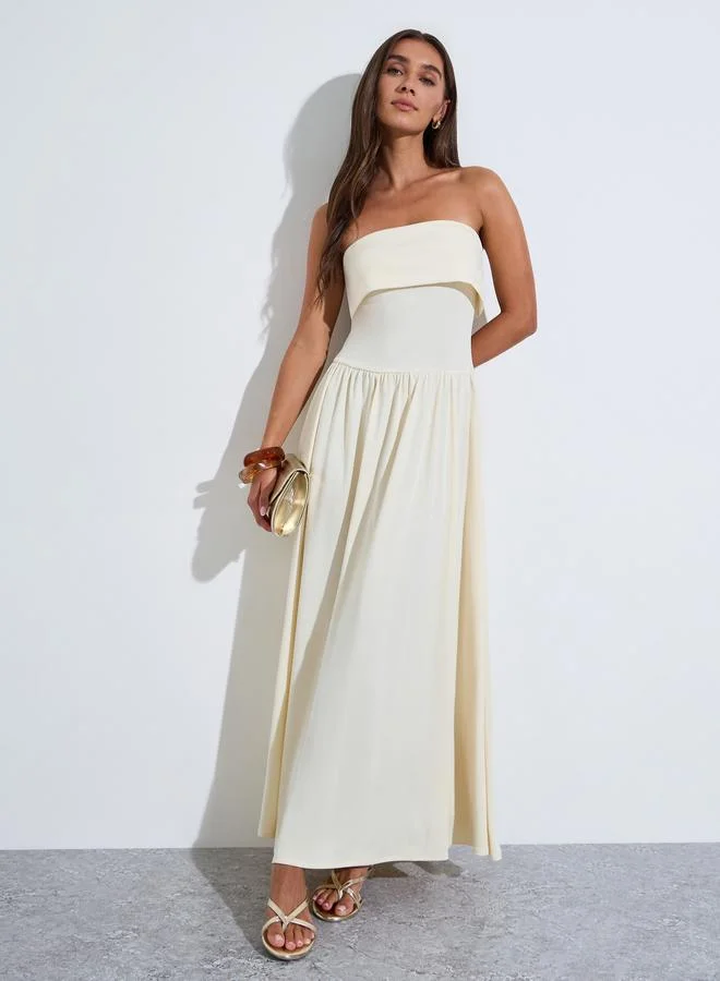 Yellow Solid Bandeau Neck Pleated Details A-Line Maxi Dress