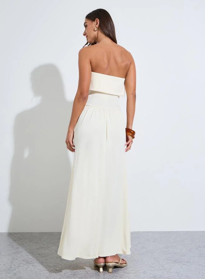 Styli  Yellow Solid Bandeau Neck Pleated Details A-Line Maxi Dress for Women | Best Price UAE