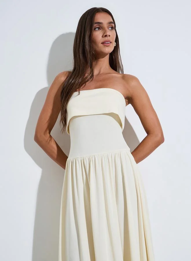 Styli  Yellow Solid Bandeau Neck Pleated Details A-Line Maxi Dress for Women | Best Price UAE