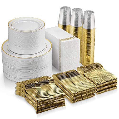 Munfix Munfix 700Piece Dinnerware Set  200 Rim Plates 300 Silverware 100 Plastic Cups 100 LinenNapkins  Gold 