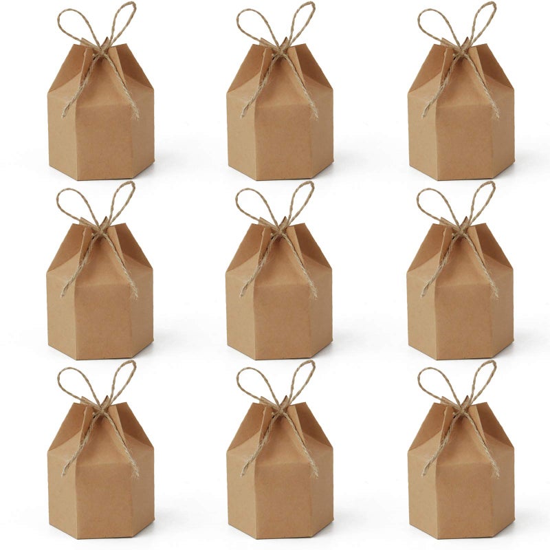 Lamantery 50Pack Mini Paper Gift Boxes Lantern Hexagon Kraft Paper Package Box with Twine Candy Chocolate Gift Packing Wrap for Wedding Party Christmas Brown