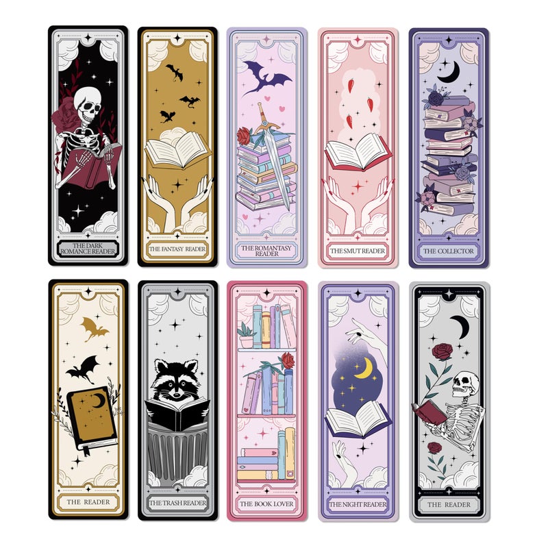 TwoDays Cute Tarot Bookmarks for Book Lovers - Dark Romance Fantasy Merch for Reading Women, Booktok Accessories Gifts for Bookish (Set of 10, 6'' X 2'') - Image 1