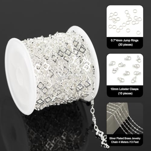 YOUBEIYEE 4 Yard Silver Plated Brass Chain for Jewelry Making Hollow Four Leaf Clover Necklace Bracelet for Women Jewelry Making Chains Bulk - Image 2