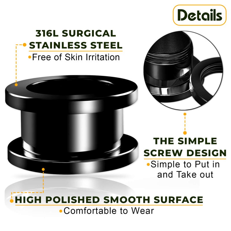 BIG GAUGES Pair of Screw 316L Surgical Steel 2gauges 6 mm Black Piercing Jewelry Earring Stretcher Plug Tunnel Lobe BG0121 - Image 4
