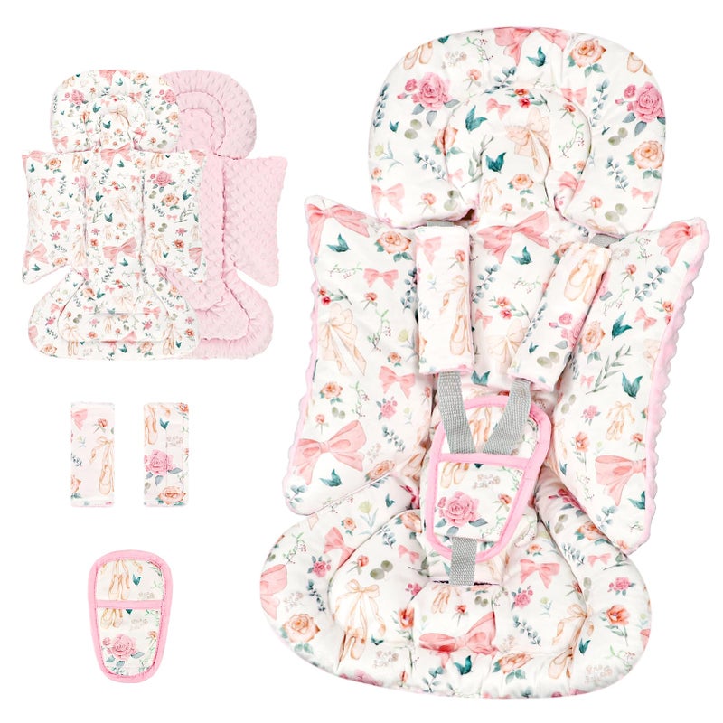 GFU 3-in-1 Infant Car Seat Insert, Soft Head and Body Support,Ultra & Strap Covers Set, Reversible Newborn Car Seat Cushion Pad for Baby Boy & Girl fits Stroller, Swing, Bouncer (Pink Bow) - Image 1