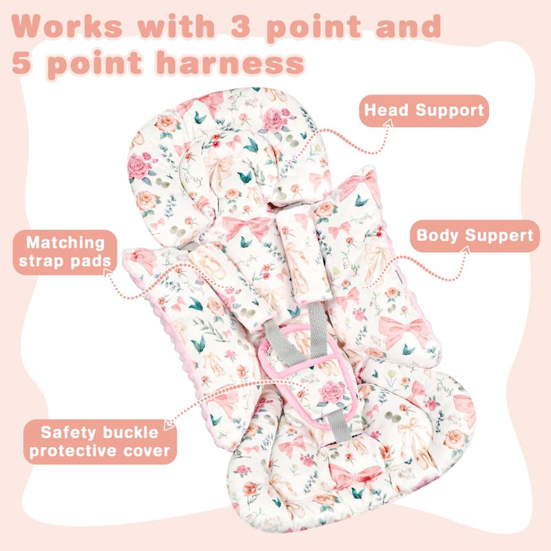 GFU 3-in-1 Infant Car Seat Insert, Soft Head and Body Support,Ultra & Strap Covers Set, Reversible Newborn Car Seat Cushion Pad for Baby Boy & Girl fits Stroller, Swing, Bouncer (Pink Bow) - Image 3