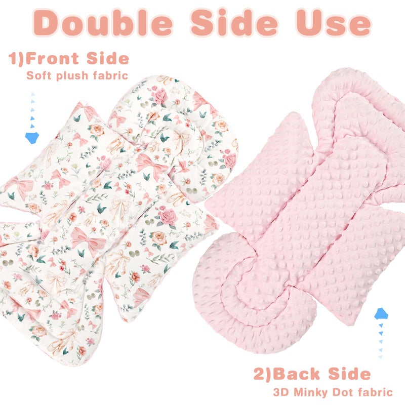 GFU 3-in-1 Infant Car Seat Insert, Soft Head and Body Support,Ultra & Strap Covers Set, Reversible Newborn Car Seat Cushion Pad for Baby Boy & Girl fits Stroller, Swing, Bouncer (Pink Bow) - Image 4