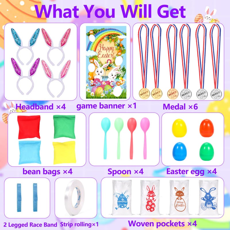 Atonofun Easter Outdoor Party Games for Kids, Potato Sack Race Jumping Bags, Bunny Ears Headbands, Egg and Spoon Race, Legged Relay Race Bands for Easter Theme Party Favor, Easter Eggs Hunt Game - Image 2