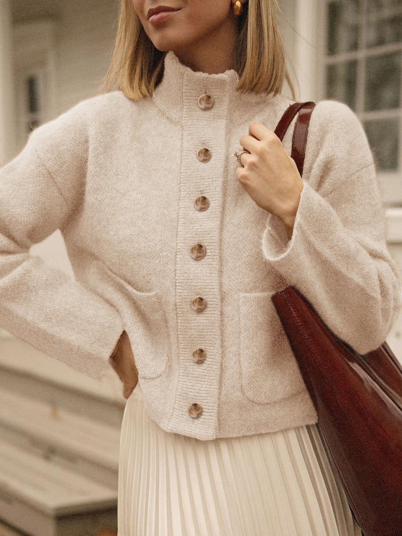 Cicy Bell Womens Chunky Knit Cardigan Sweaters Button Down Mock Neck Open Front Jacket Winter Casual Outerwear with Pockets Beige - Image 2