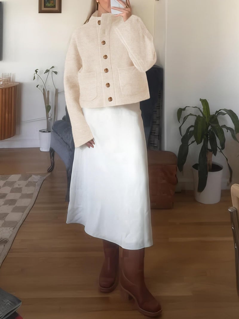 Cicy Bell Womens Chunky Knit Cardigan Sweaters Button Down Mock Neck Open Front Jacket Winter Casual Outerwear with Pockets Beige - Image 5