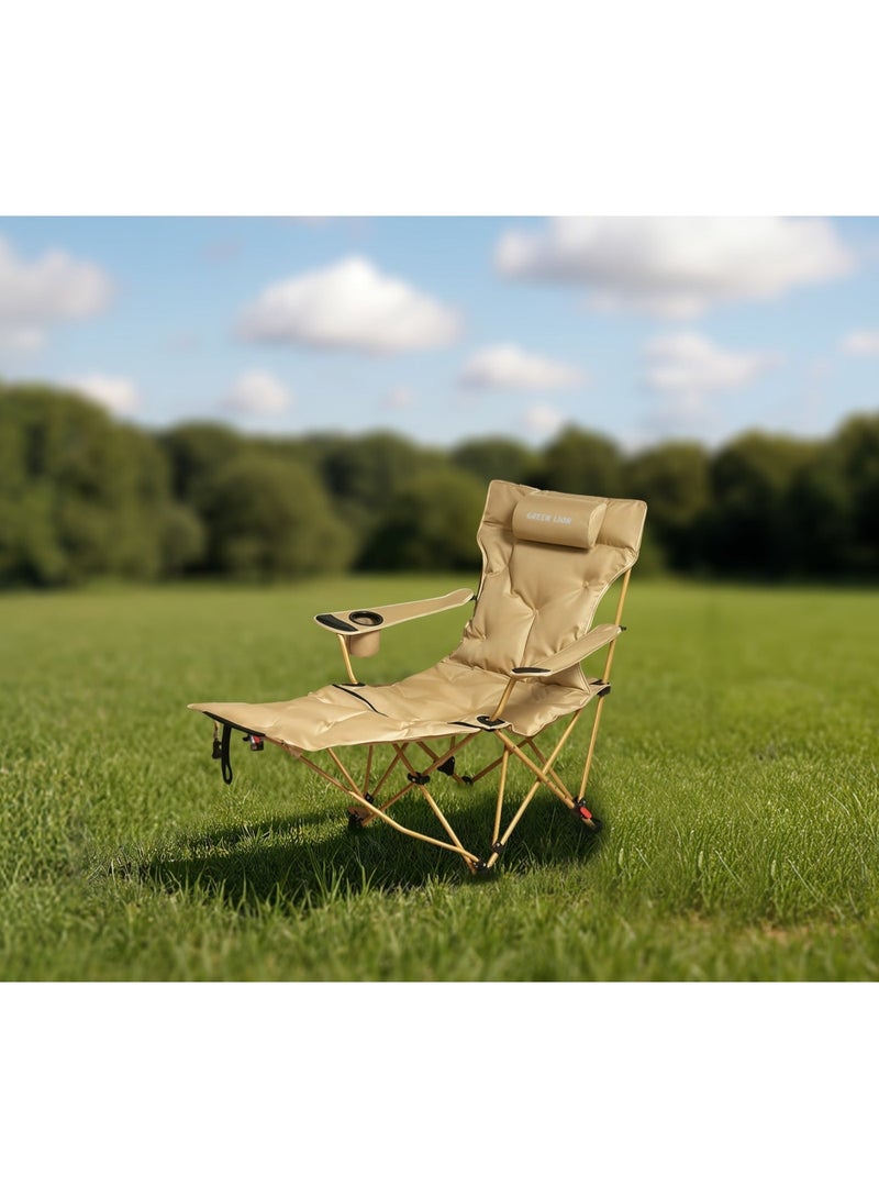 جرين ليون كرسي تخييم فيسترو، كرسي تخييم قابل للطي والحمل، يتحمل وزنًا يصل إلى 120 كجم، مزود بجيب جانبي للتخزين وحامل أكواب، وأربع زوايا قابلة للتعديل ومسند قدم قابل للإزالة، مثالي للتخييم في الهواء الطلق والشاطئ، سهل وسريع التركيب، مصنوع من قماش أكسفورد 600D، قاعدة مانعة للانزلاق، مسند رأس مبطن ناعم، حقيبة حمل مرفقة، إطار متين على شكل حرف X، مصنوع من الفولاذ الكربوني - لون بيج - Image 4
