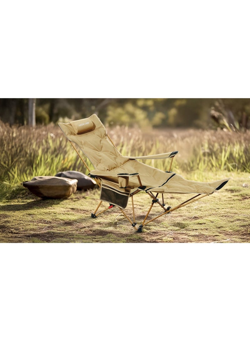 جرين ليون كرسي تخييم فيسترو، كرسي تخييم قابل للطي والحمل، يتحمل وزنًا يصل إلى 120 كجم، مزود بجيب جانبي للتخزين وحامل أكواب، وأربع زوايا قابلة للتعديل ومسند قدم قابل للإزالة، مثالي للتخييم في الهواء الطلق والشاطئ، سهل وسريع التركيب، مصنوع من قماش أكسفورد 600D، قاعدة مانعة للانزلاق، مسند رأس مبطن ناعم، حقيبة حمل مرفقة، إطار متين على شكل حرف X، مصنوع من الفولاذ الكربوني - لون بيج - Image 3