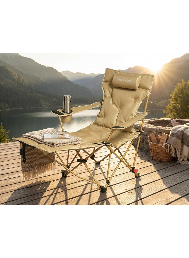 جرين ليون كرسي تخييم فيسترو، كرسي تخييم قابل للطي والحمل، يتحمل وزنًا يصل إلى 120 كجم، مزود بجيب جانبي للتخزين وحامل أكواب، وأربع زوايا قابلة للتعديل ومسند قدم قابل للإزالة، مثالي للتخييم في الهواء الطلق والشاطئ، سهل وسريع التركيب، مصنوع من قماش أكسفورد 600D، قاعدة مانعة للانزلاق، مسند رأس مبطن ناعم، حقيبة حمل مرفقة، إطار متين على شكل حرف X، مصنوع من الفولاذ الكربوني - لون بيج - Image 5