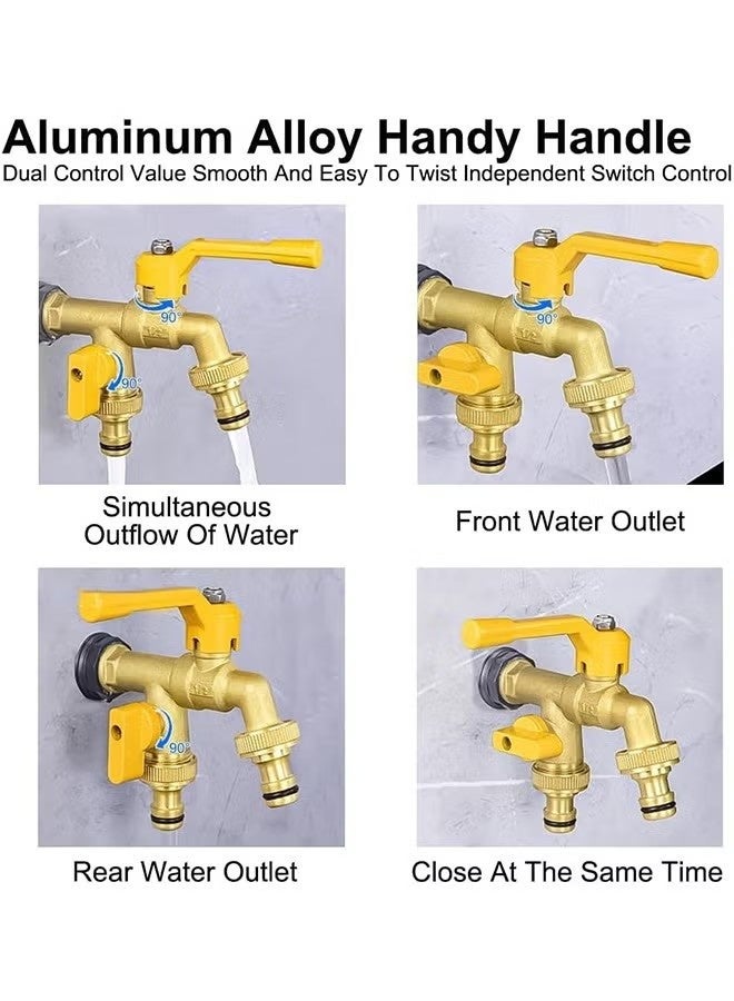إيليلي صنبور مياه للحديقة الخارجية بمخرج مزدوج، محول GHT أنثى نحاسي 3/4 بوصة مع غسالتين وشريط مانع للتسرب، خرطوم توصيل سريع، موزع صنبور مياه عالي التحمل ثنائي الاتجاه. - Image 2