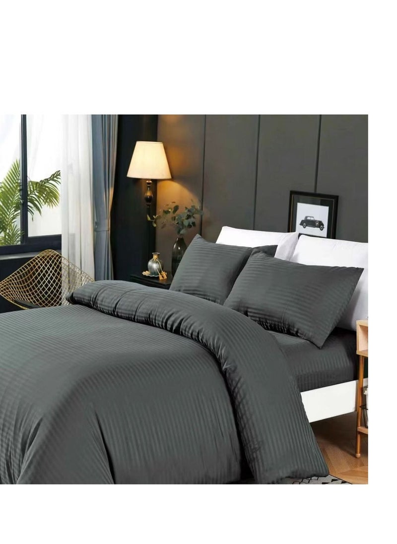 BAIG Satin Stripe 6-Piece  King Size, fixed Duvet Set, Fitted bedsheet 4Pcs Pillowcases - Comforter 220x240cm dark grey 