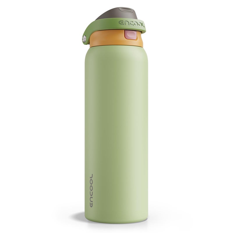 Encool Insulated Stainless Steel Water Bottle with Straw - Leak Proof Sports Water Bottle for School, Travel, Keeps Cold All Day, One-Touch Flip Lid, BPA-Free, 40 oz, Sage Green - Image 1