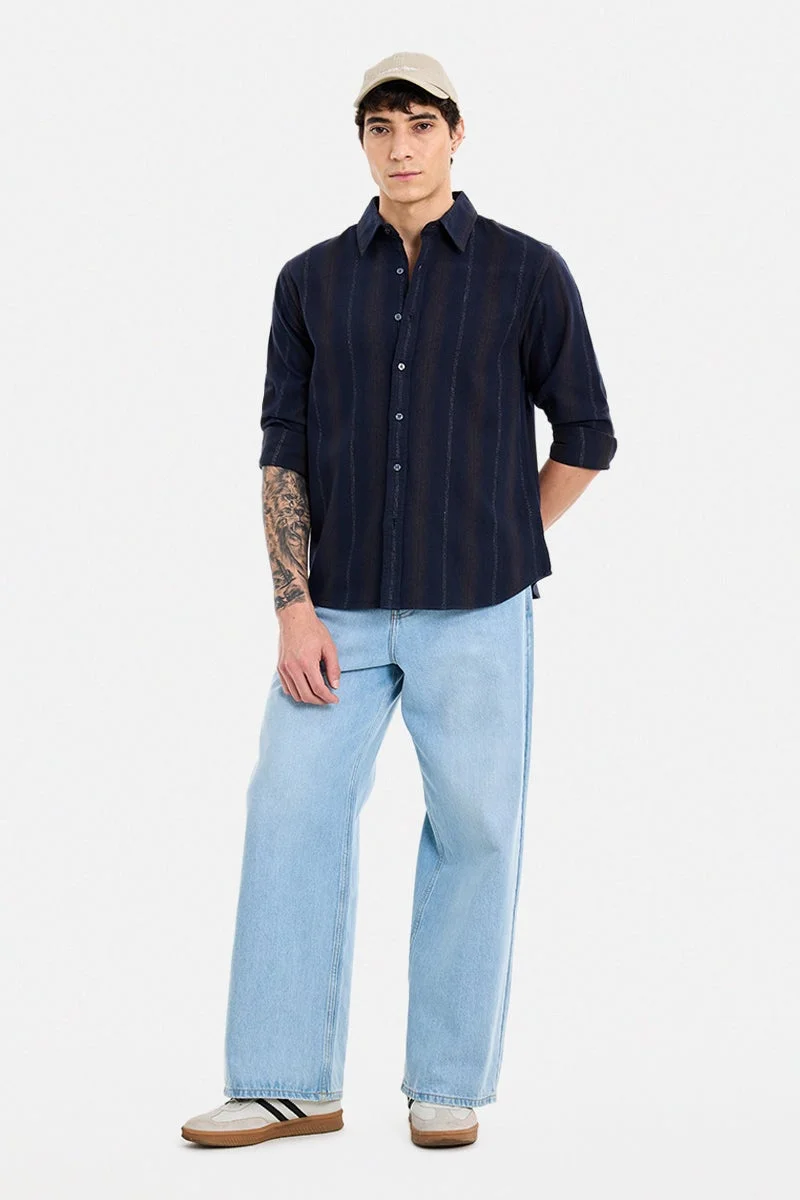 سنيتش Navy Striped Long Sleeve Regular Fit Shirt