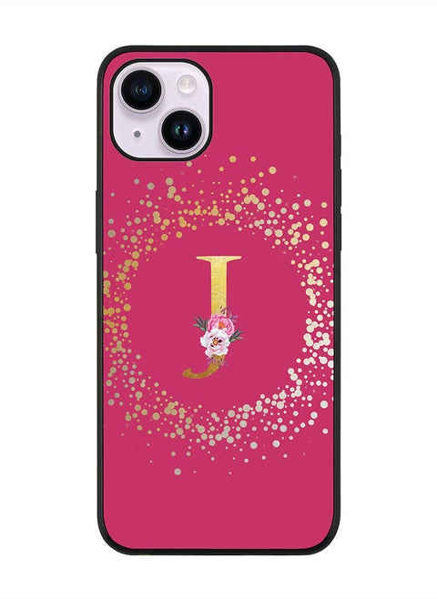 Rugged Black edge case for Apple iPhone 14 Plus, Soft Flexible Phone case Custom Monogram Initial Letter Floral Pattern Alphabet - J (Dark Pink Rose)