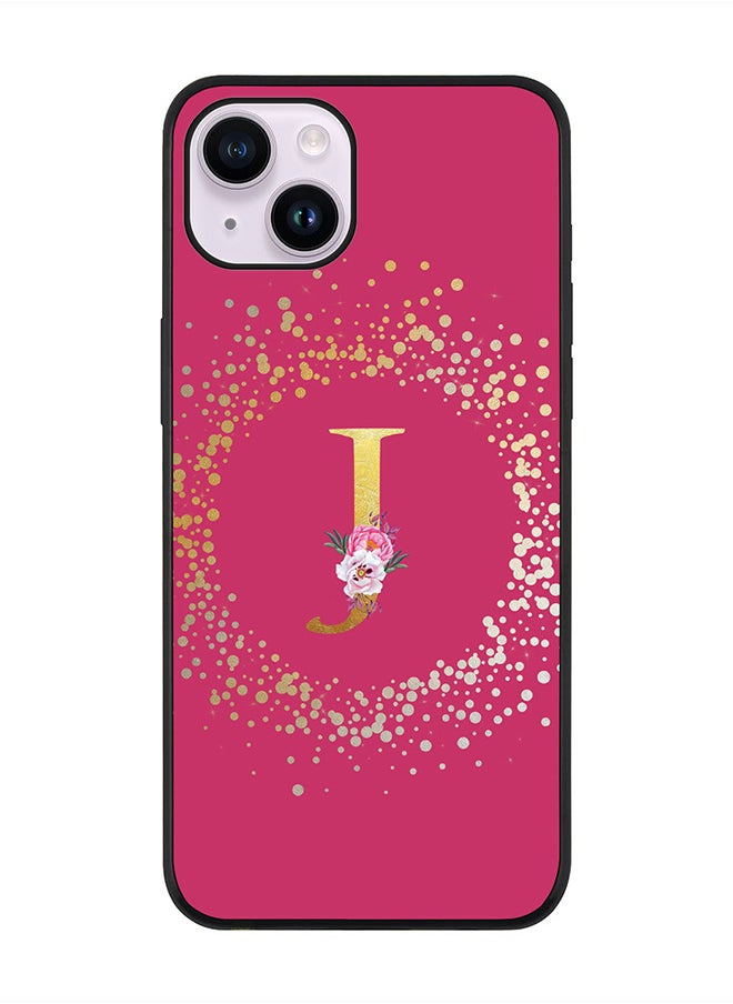 Stylizedd Rugged Black edge case for Apple iPhone 14 Plus, Soft Flexible Phone case Custom Monogram Initial Letter Floral Pattern Alphabet - J (Dark Pink Rose)  - Image 1