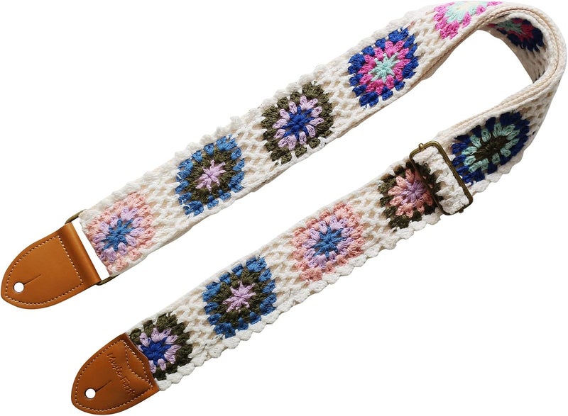 MUSIC FIRST Vintage Style Hand Made Crochet Electric Guitar Strap - Colorful Flowers - Image 3