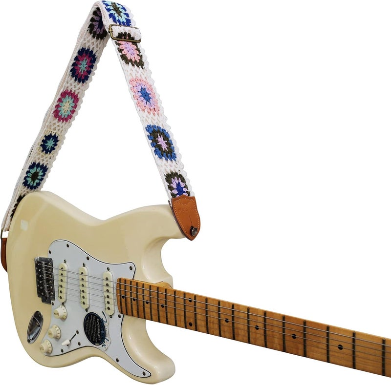MUSIC FIRST Vintage Style Hand Made Crochet Electric Guitar Strap - Colorful Flowers - Image 4