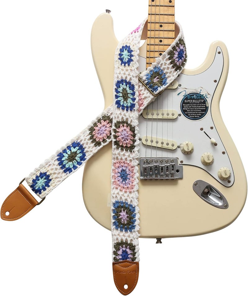 MUSIC FIRST Vintage Style Hand Made Crochet Electric Guitar Strap - Colorful Flowers - Image 1