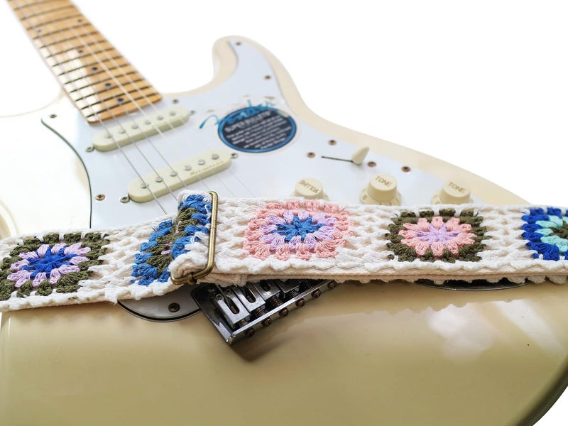 MUSIC FIRST Vintage Style Hand Made Crochet Electric Guitar Strap - Colorful Flowers - Image 2