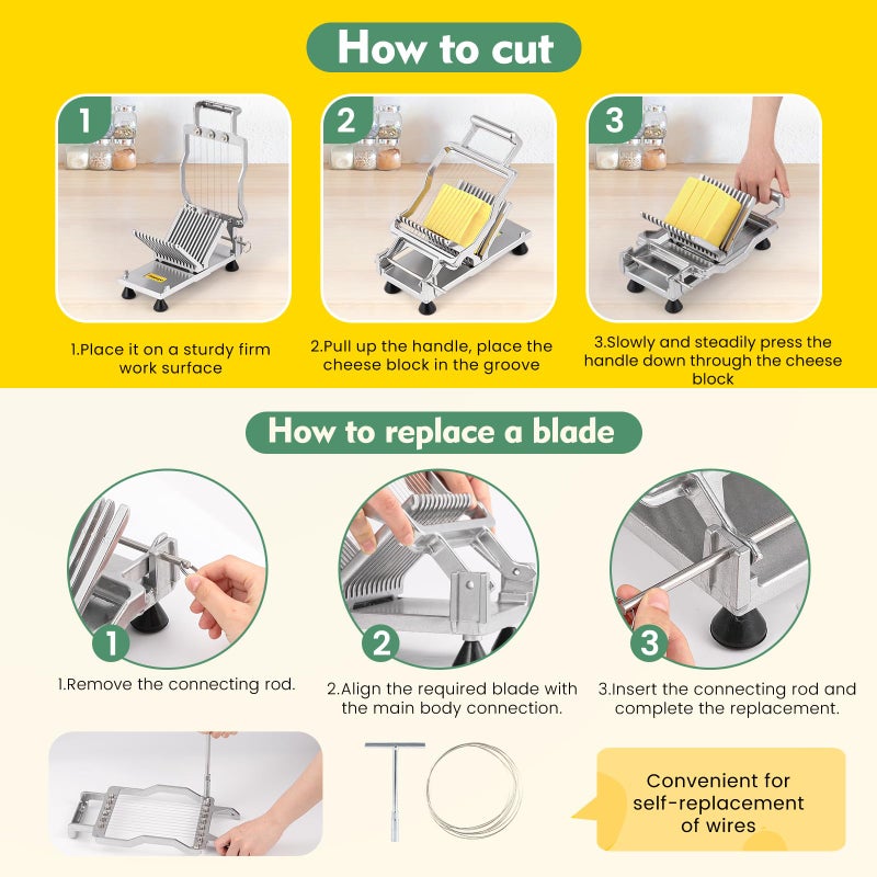 Huanyu Huanyu Cheese Slicer Commercial Block Cheeses Cutter Board with 316 Stainless Steel Wire Aluminum Alloy Body 3/8 IN&3/4 IN Removable Butter Cutting Blade Replaceable  - Image 4