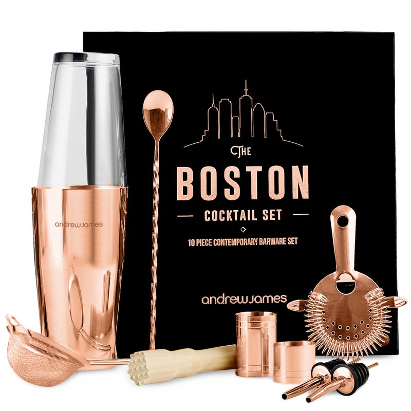 Andrew James مجموعة شاكر كوكتيل أندرو جيمس بوسطن - مجموعة كوكتيل ذهبية وردية مع 10 ملحقات كوكتيل - مجموعة شاكر كوكتيل - مجموعة موكتيل مع صندوق هدايا - مجموعة خلط كوكتيل وردية - أدوات بار ذهبية وردية