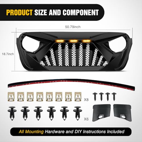 Nilight Front Bumper Grill Cover for 2018 2019 2020 2021 2022 2023 2024 2025 Wrangler JL and Gladiator JT with LED Amber Lights Matte Black - Image 4