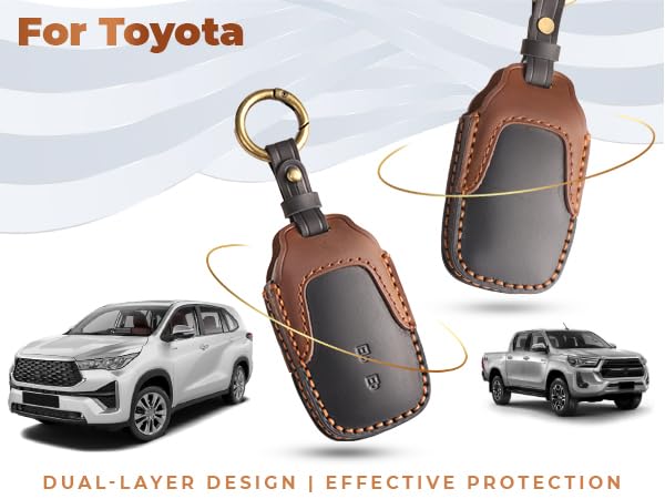 Keyzone Dual Leather Key Cover for Toyota Innova Crysta, Innova HyCross, Hilux 2 Button smart Key (Black-Brown) - Image 5